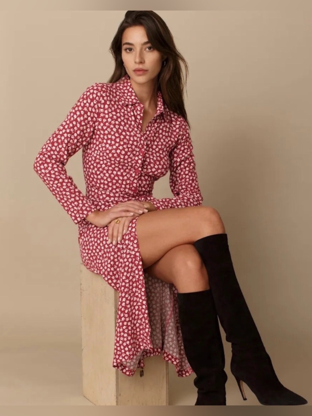 REFORMATION Brighton Red Floral Long Sleeve Shirt Dress Midi Maxi M Classic